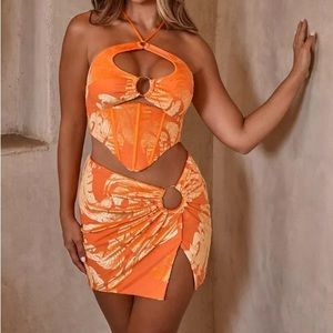 Oh Polly Ekin Su Collection Two Piece Halter Top and Skirt Orange